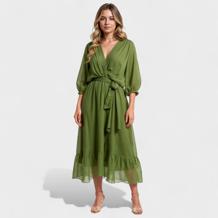 Оливково зелено рокля – Елегантна рокля с обвивка до средата на прасеца