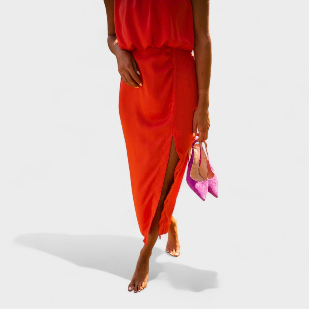 Тори – Лятна сатенена рокля с разрез