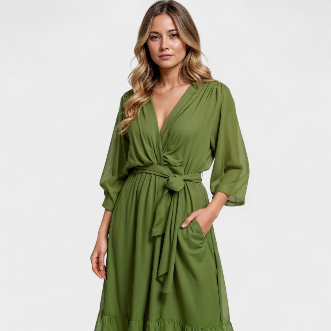 Оливково зелено рокля – Елегантна рокля с обвивка до средата на прасеца