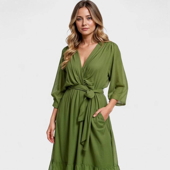 Оливково зелено рокля – Елегантна рокля с обвивка до средата на прасеца