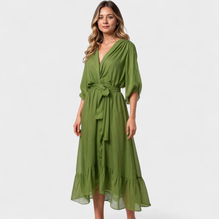 Оливково зелено рокля – Елегантна рокля с обвивка до средата на прасеца